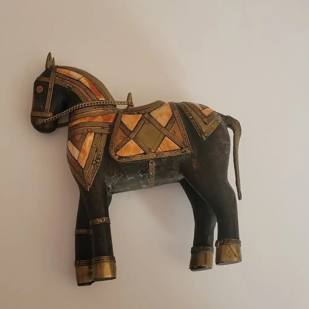 Vintage Carved Wood with Hammered Brass & Stone Inlay Armored War Horse Figure